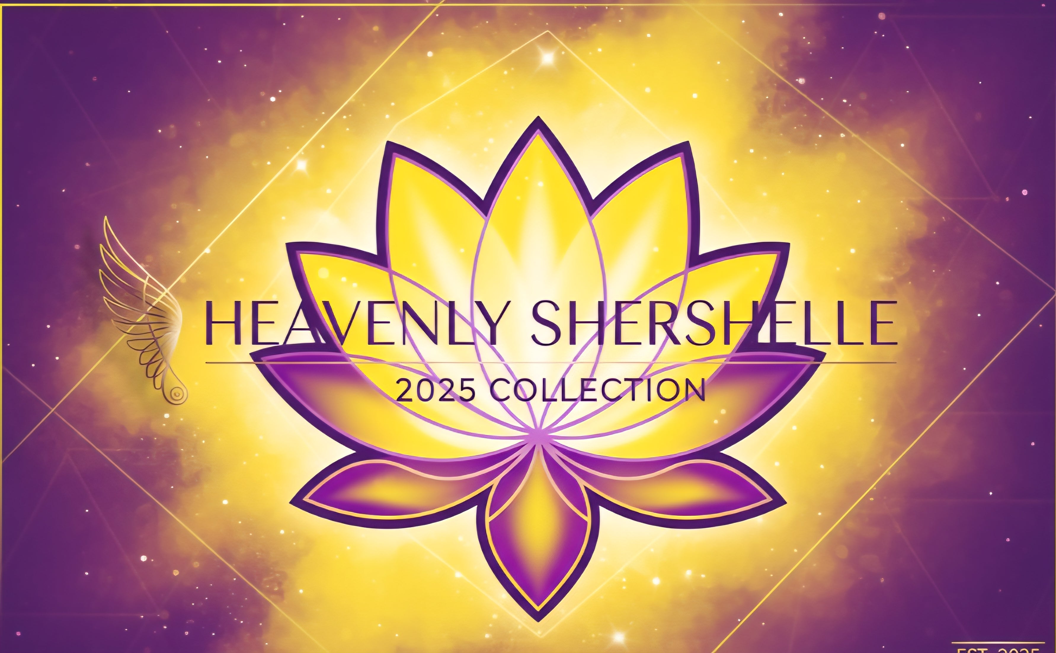 Heavenly Shershelle 2025 collection logo with glowing yellow and purple lotus on a cosmic light background