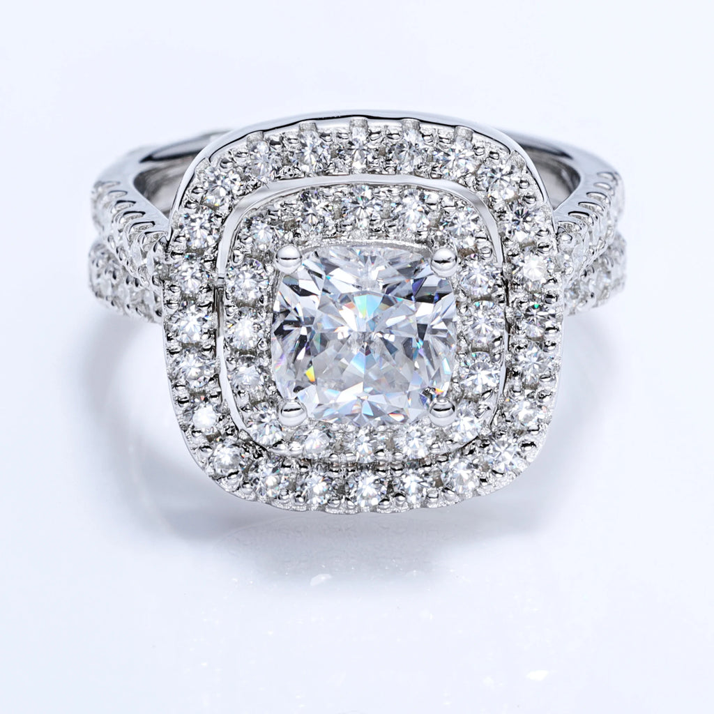 Luster Brand New Design 2 in 1 Combination Halo Ring Set GRA Certificate Cushion 925 Sterling Silver Moissanite Rings