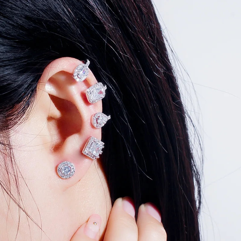 Asymmetrical Shiny White Cubic Zirconia Long Ear Cuff Stud Climber Earrings for Women Unique Designer Brand Jewelry