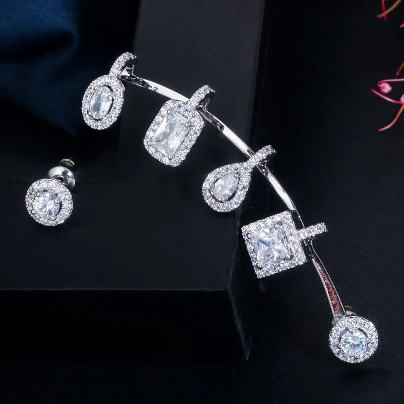 Asymmetrical Shiny White Cubic Zirconia Long Ear Cuff Stud Climber Earrings for Women Unique Designer Brand Jewelry