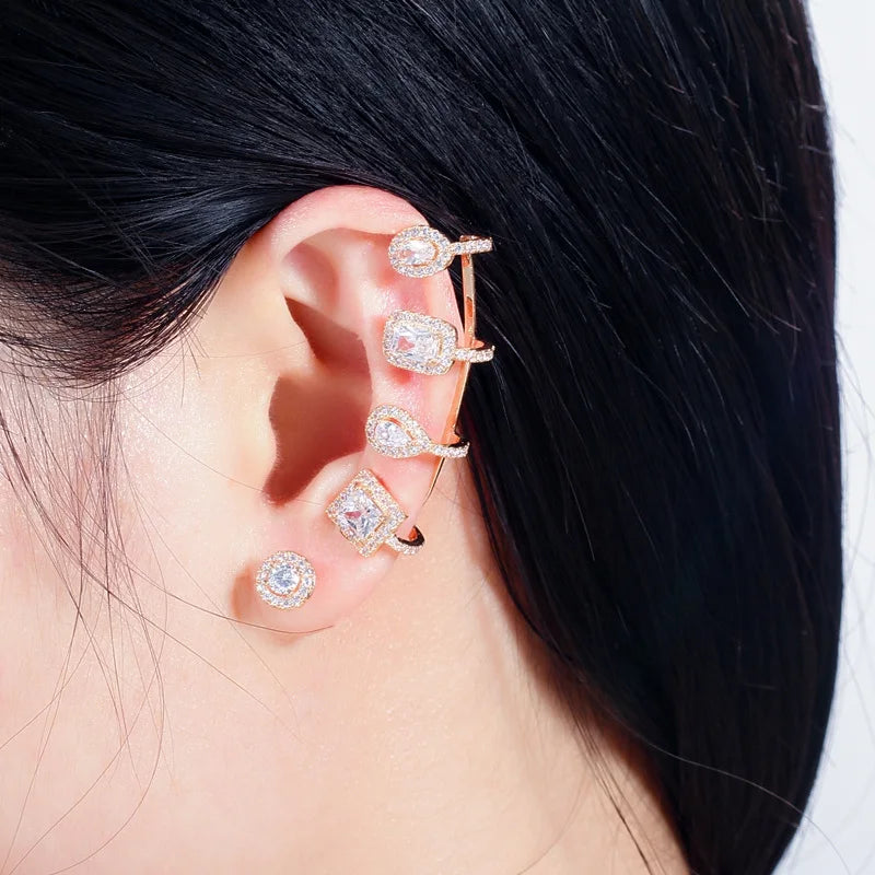 Asymmetrical Shiny White Cubic Zirconia Long Ear Cuff Stud Climber Earrings for Women Unique Designer Brand Jewelry