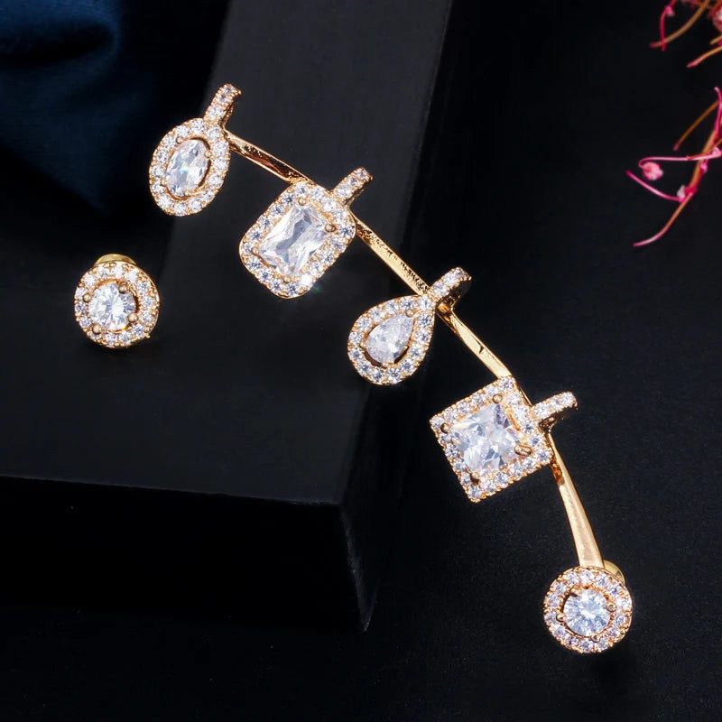 Asymmetrical Shiny White Cubic Zirconia Long Ear Cuff Stud Climber Earrings for Women Unique Designer Brand Jewelry