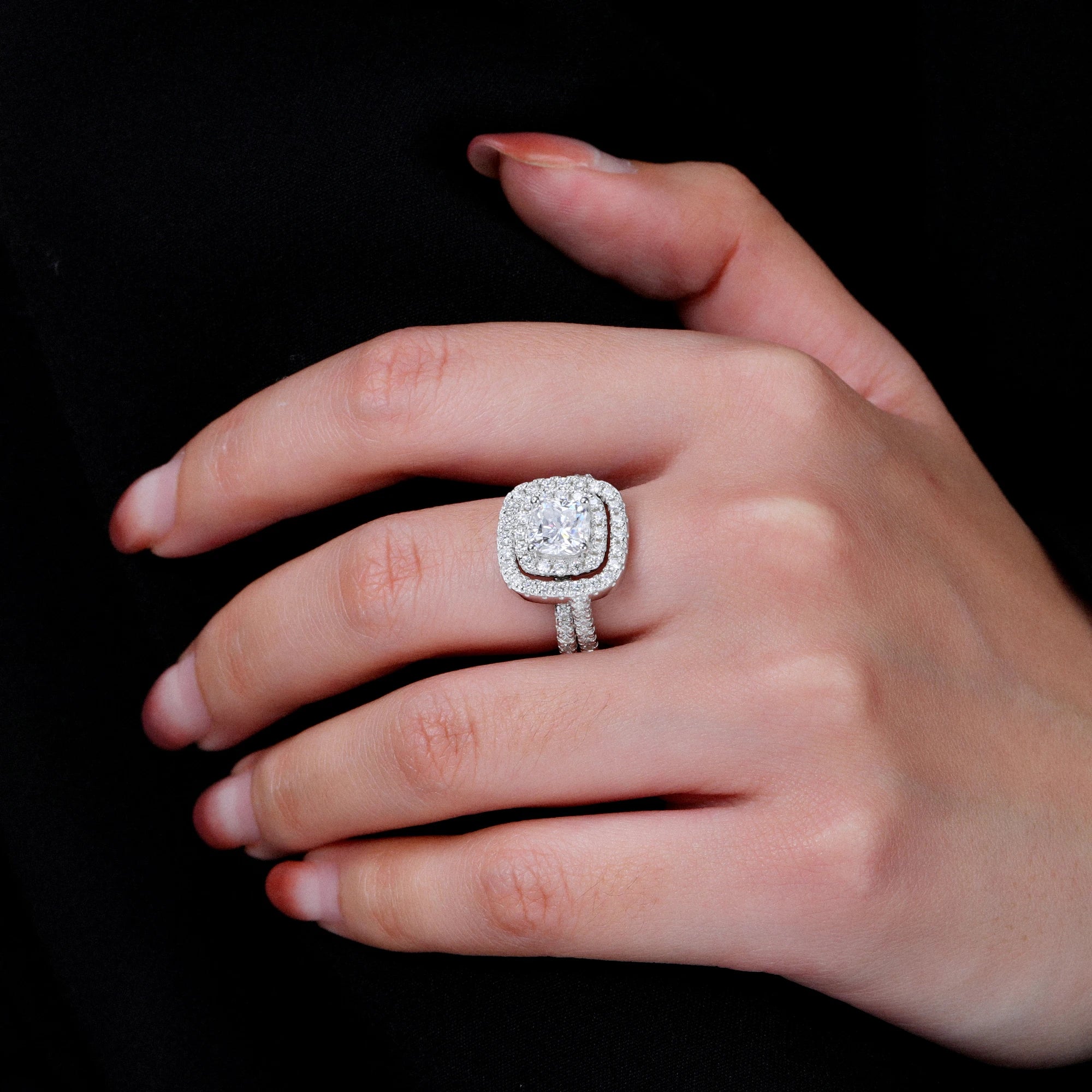 Luster Brand New Design 2 in 1 Combination Halo Ring Set GRA Certificate Cushion 925 Sterling Silver Moissanite Rings