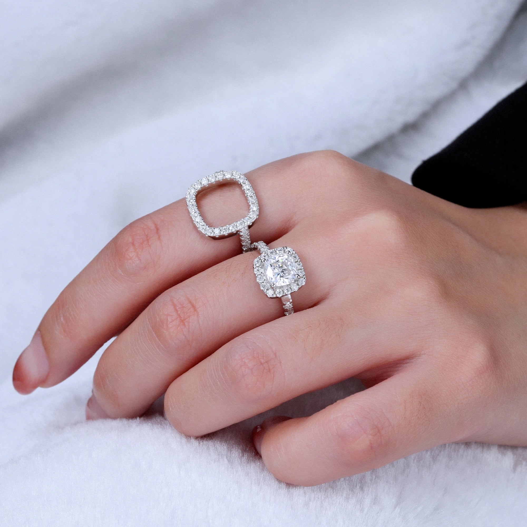 Luster Brand New Design 2 in 1 Combination Halo Ring Set GRA Certificate Cushion 925 Sterling Silver Moissanite Rings
