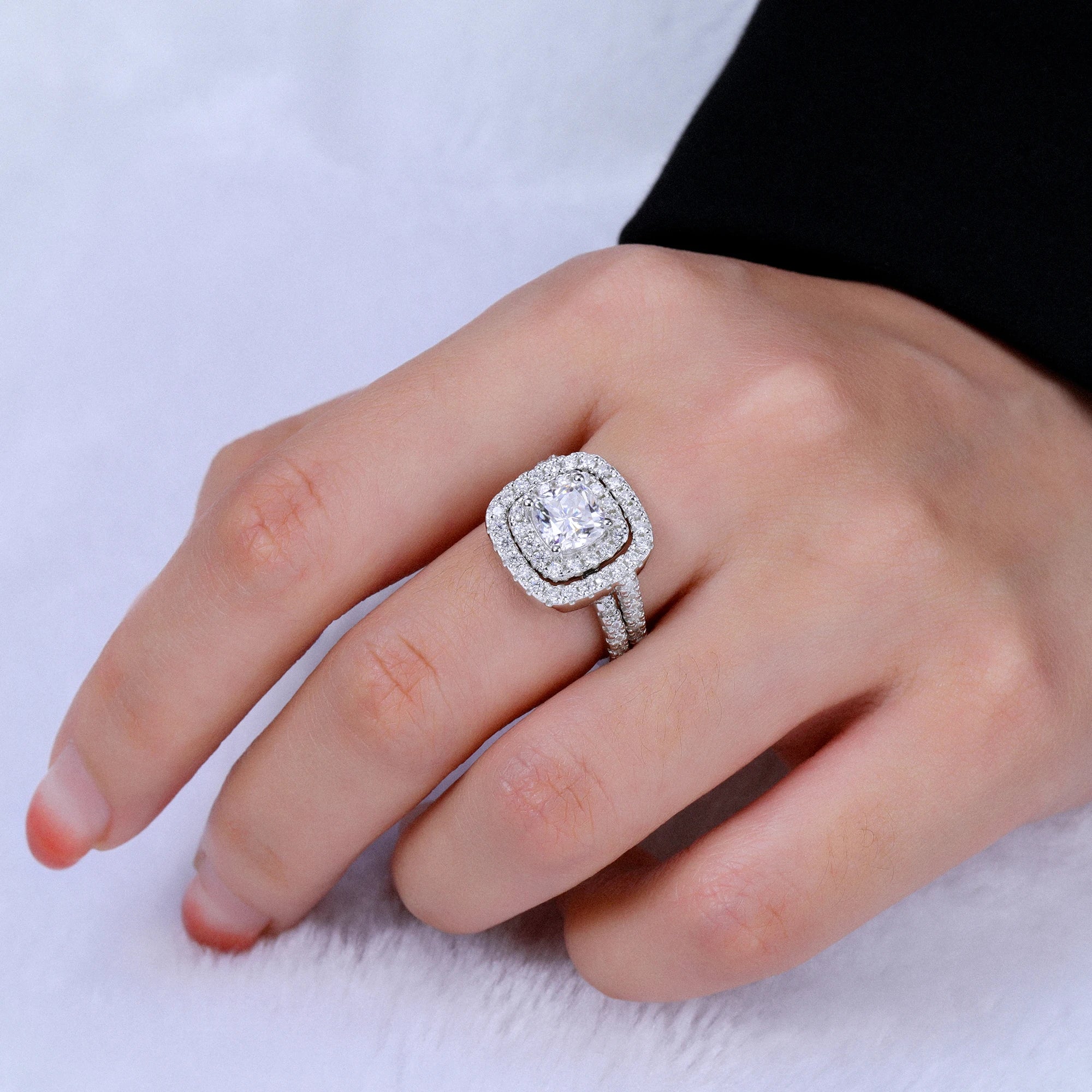 Luster Brand New Design 2 in 1 Combination Halo Ring Set GRA Certificate Cushion 925 Sterling Silver Moissanite Rings
