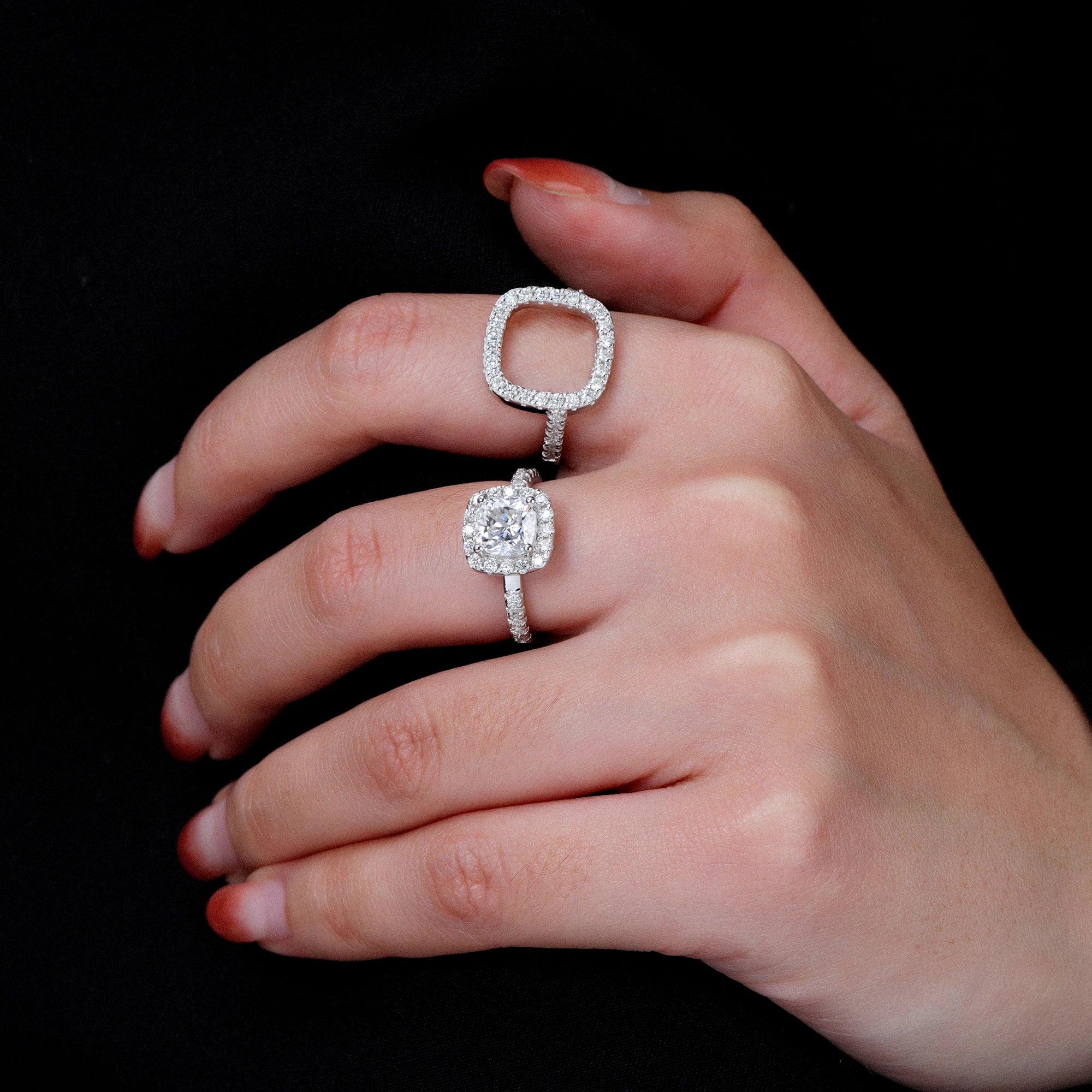 Luster Brand New Design 2 in 1 Combination Halo Ring Set GRA Certificate Cushion 925 Sterling Silver Moissanite Rings