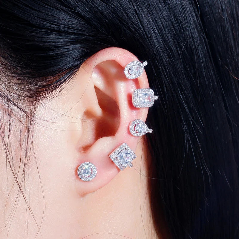 Asymmetrical Shiny White Cubic Zirconia Long Ear Cuff Stud Climber Earrings for Women Unique Designer Brand Jewelry