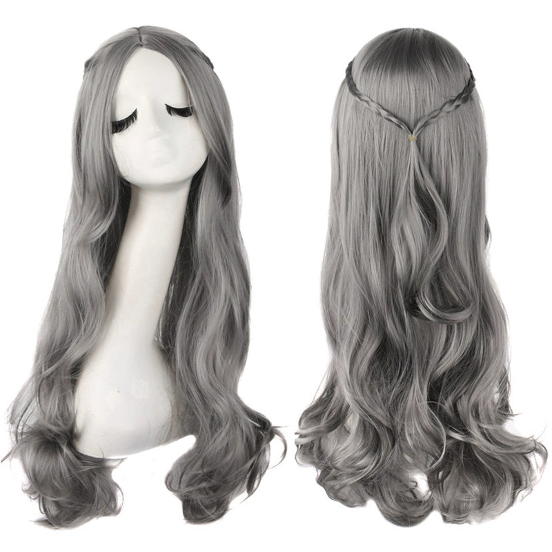 Cos Wig Female Long Curly Hair Big Wave Lolita Internet Celebrity Female Center-Parted Bangs Anime Light Golden Grandma Gray Long Hair
