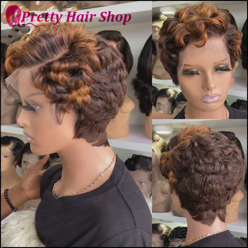 Black Woman Transparent Short Wavy Pixie Lace Wig Human Hair