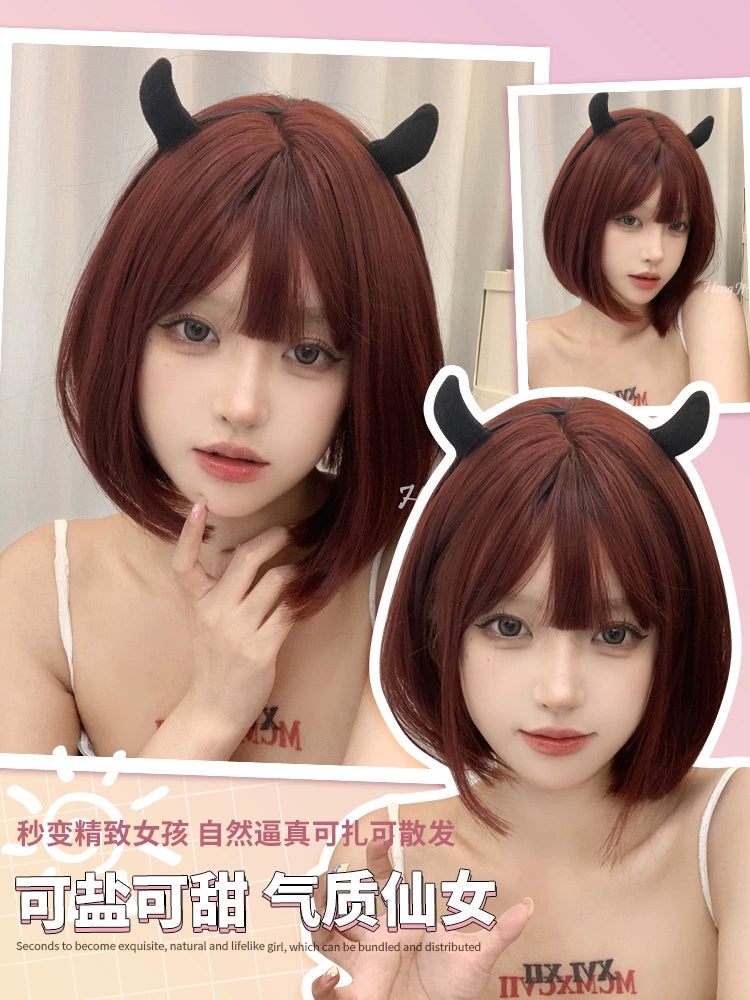 Heng Ji Internet Celebrity Wig Women's Short Hair Lolita Short Straight Hair Mermaid Rose Red Full-Head Wig Imitation Full Human Hair Wig