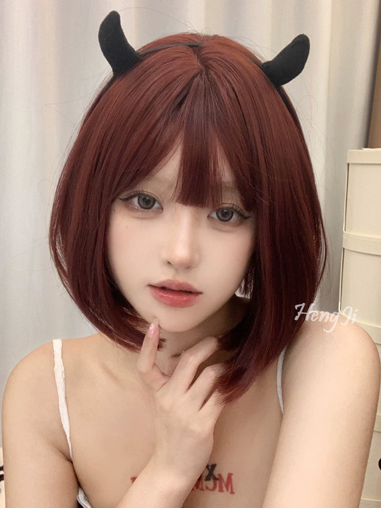 Heng Ji Internet Celebrity Wig Women's Short Hair Lolita Short Straight Hair Mermaid Rose Red Full-Head Wig Imitation Full Human Hair Wig