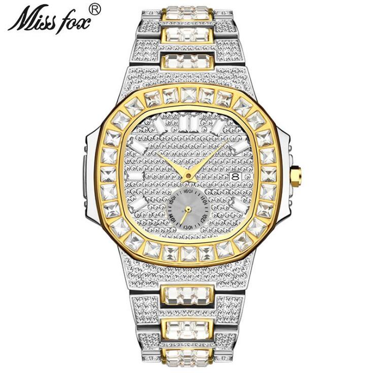 Full of Crystals Men's Watch Gold Men's Watches Calendar Quartz Watch Golden