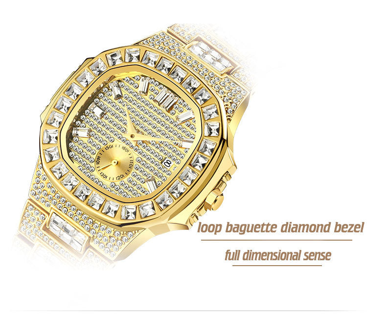 Full of Crystals Men's Watch Gold Men's Watches Calendar Quartz Watch Golden