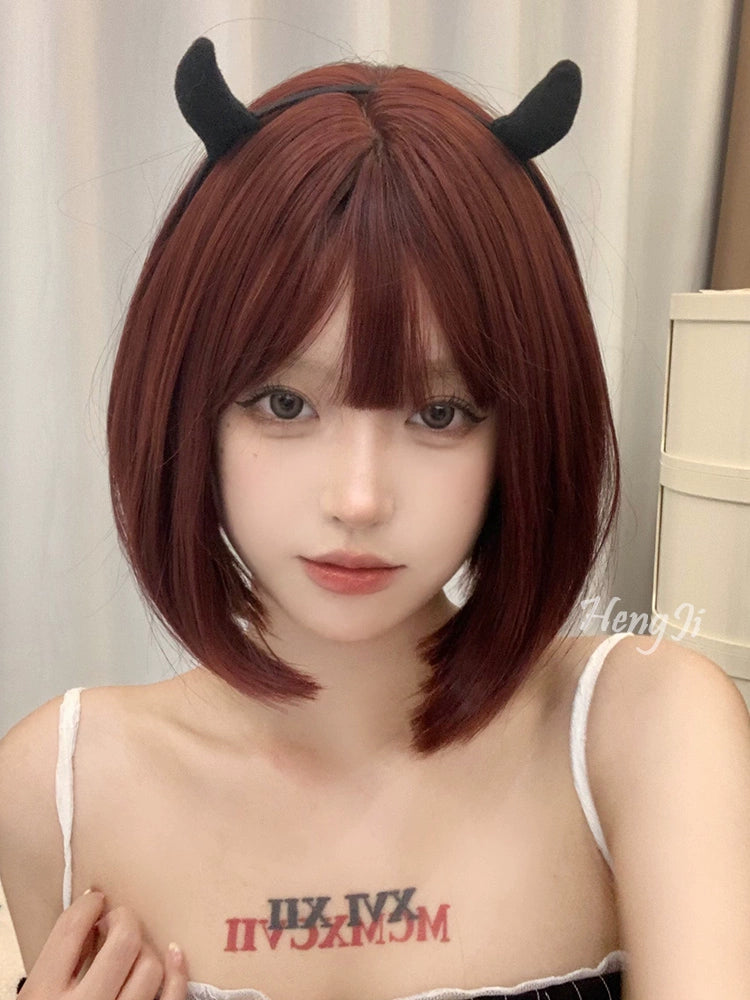 Heng Ji Internet Celebrity Wig Women's Short Hair Lolita Short Straight Hair Mermaid Rose Red Full-Head Wig Imitation Full Human Hair Wig