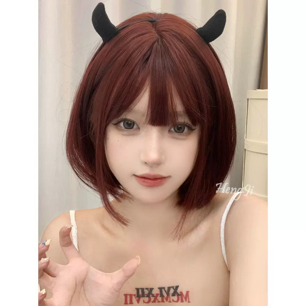 Heng Ji Internet Celebrity Wig Women's Short Hair Lolita Short Straight Hair Mermaid Rose Red Full-Head Wig Imitation Full Human Hair Wig