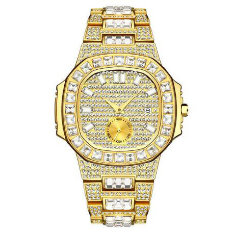 Full of Crystals Men's Watch Gold Men's Watches Calendar Quartz Watch Golden