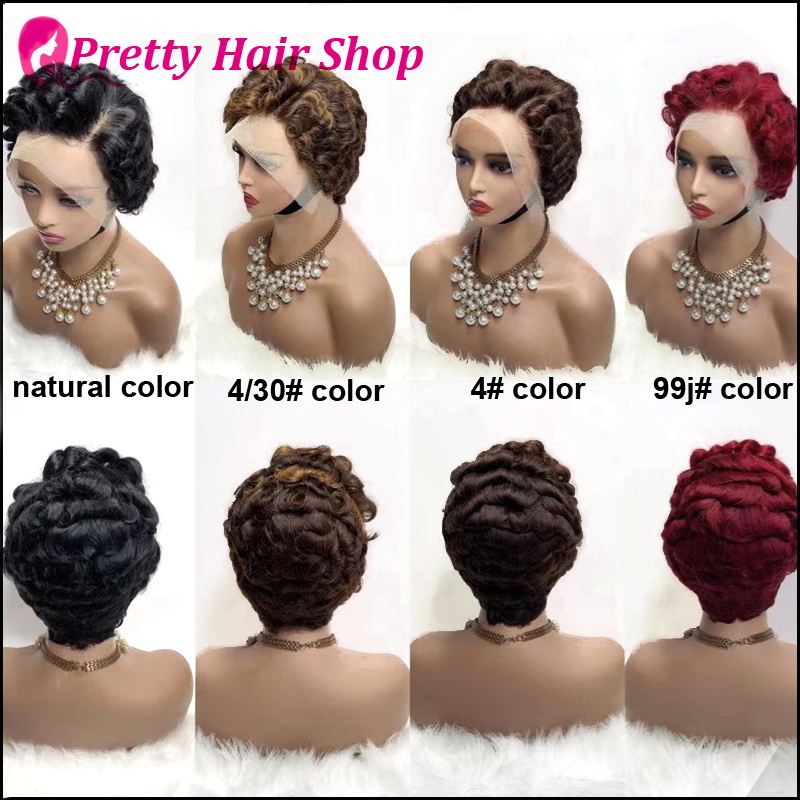 Black Woman Transparent Short Wavy Pixie Lace Wig Human Hair