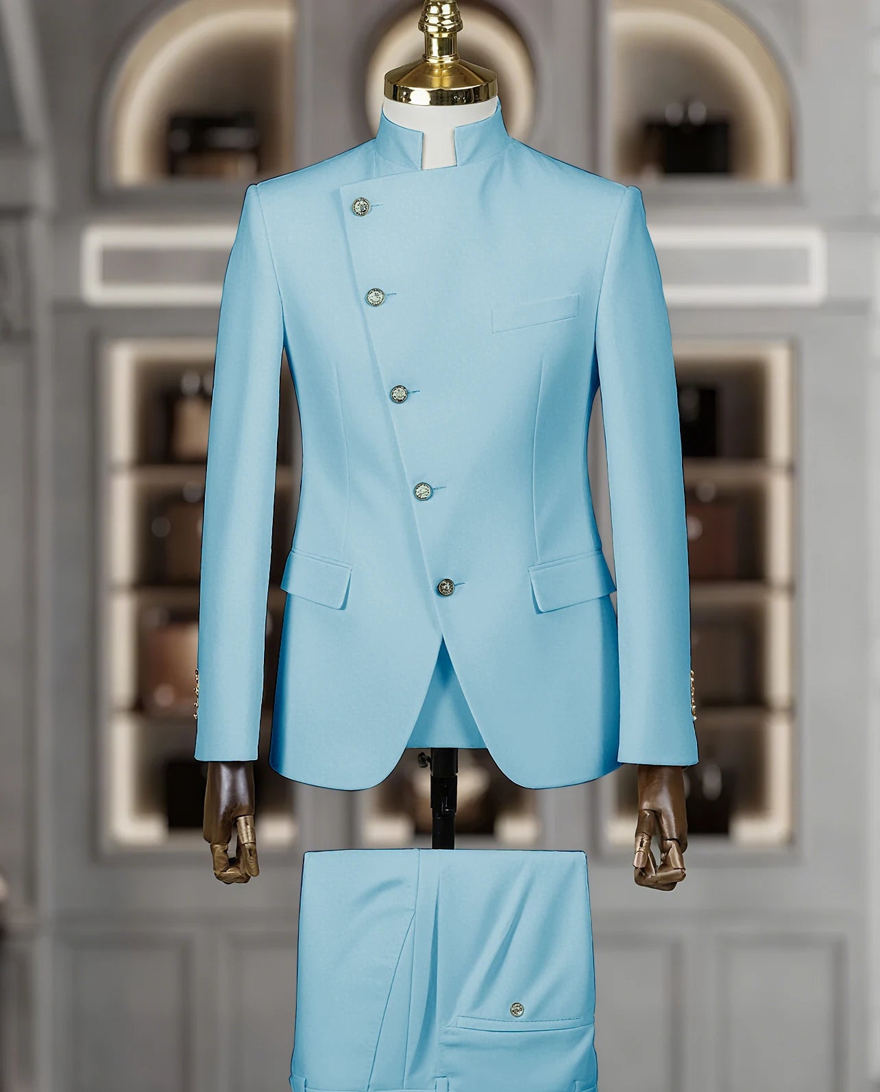 Fashion Stand Collar Men Suits 2 Piece Formal Single Breasted Smart Casual Outfits Solid Color Chic Wedding Party Slim Male Suit