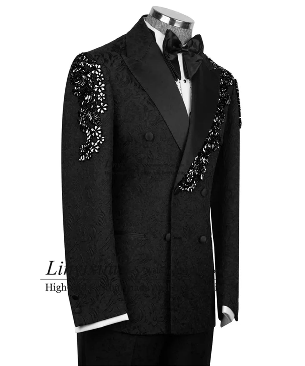 High End Stone Embroidered Tuxedos Men Suits Customized 2 Pieces Sets Wedding trajes para hombre Jacquard Slim Groom Prom Blazer
