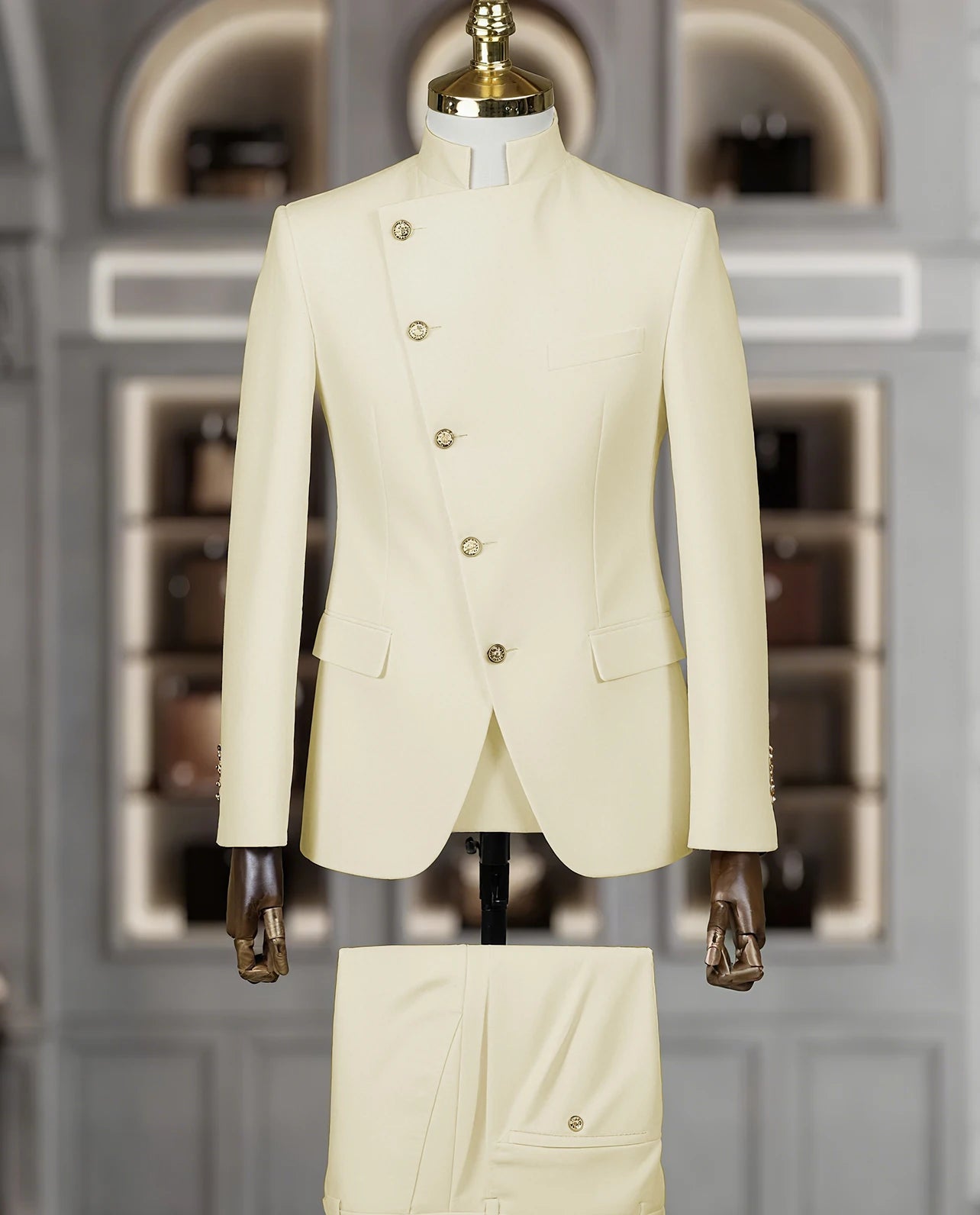 Fashion Stand Collar Men Suits 2 Piece Formal Single Breasted Smart Casual Outfits Solid Color Chic Wedding Party Slim Male Suit