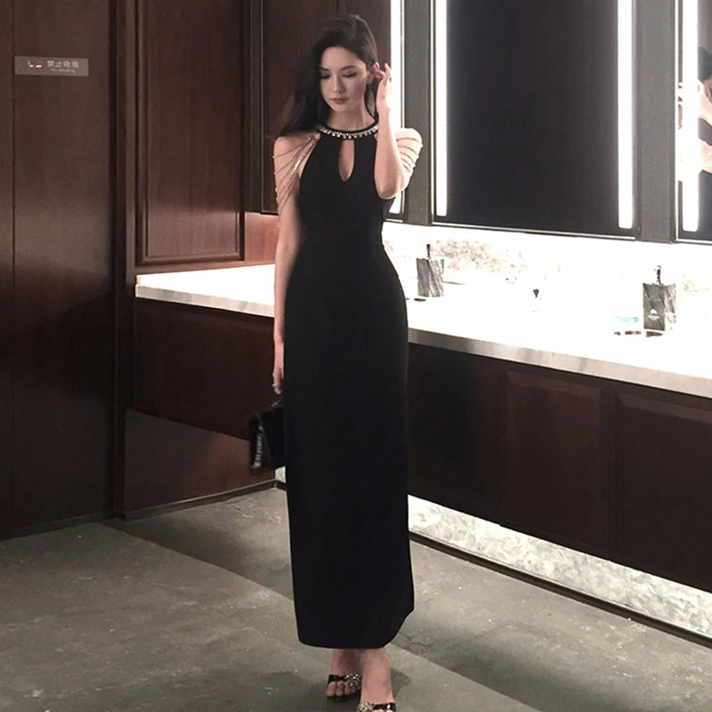 Women Clothes Black Elegant Luxury Hollow Sexy Sleeveless Slim Long Dress Fashion  Evening Party Club Prom Vestidos Robe Summer