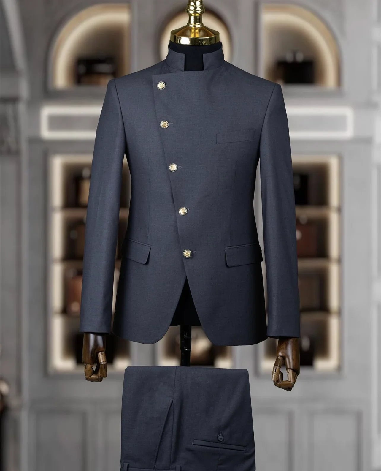 Fashion Stand Collar Men Suits 2 Piece Formal Single Breasted Smart Casual Outfits Solid Color Chic Wedding Party Slim Male Suit