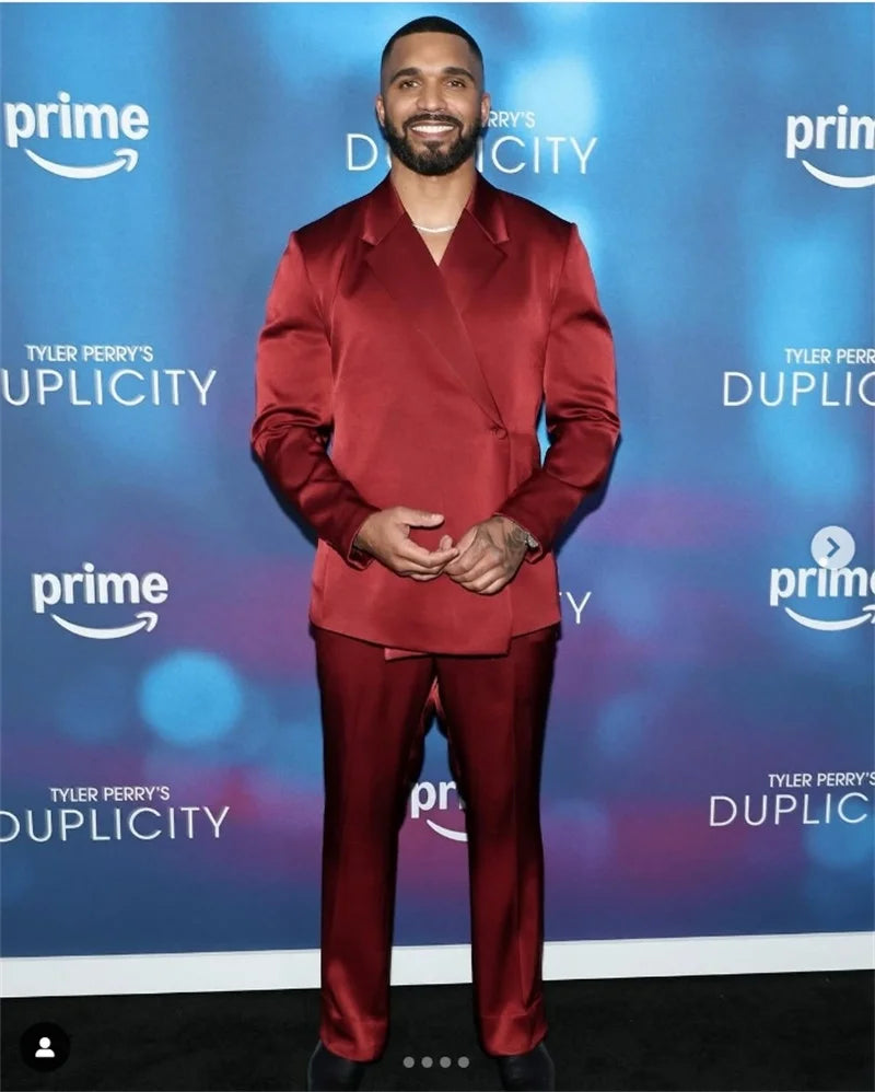 Red Satin Men Suits Set 2 Pcs Blazer+Pants Trousers Customized Wedding Tuxedos Formal Office Business Elegant Spring Jacket Coat
