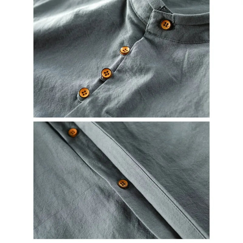 Men’s Linen Mandarin Collar Shirt Chinese Style Casual Long Sleeve Button-Up Tunic Long Sleeve Full Button Male's Clothing 7XL