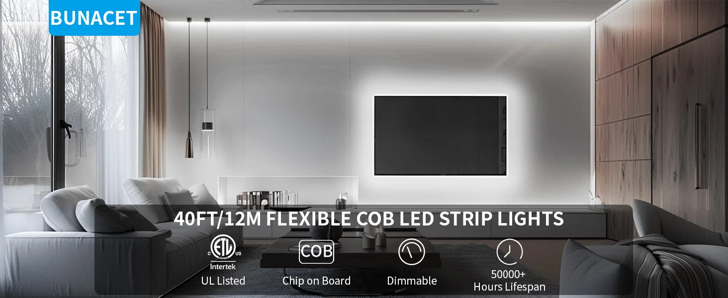 COB LED Strip Light 12m/roll Warm White 3000K 65000K High Lumen CRI 90+ with RF Remote for Bedroom Counter Under Cabinet Kitchen