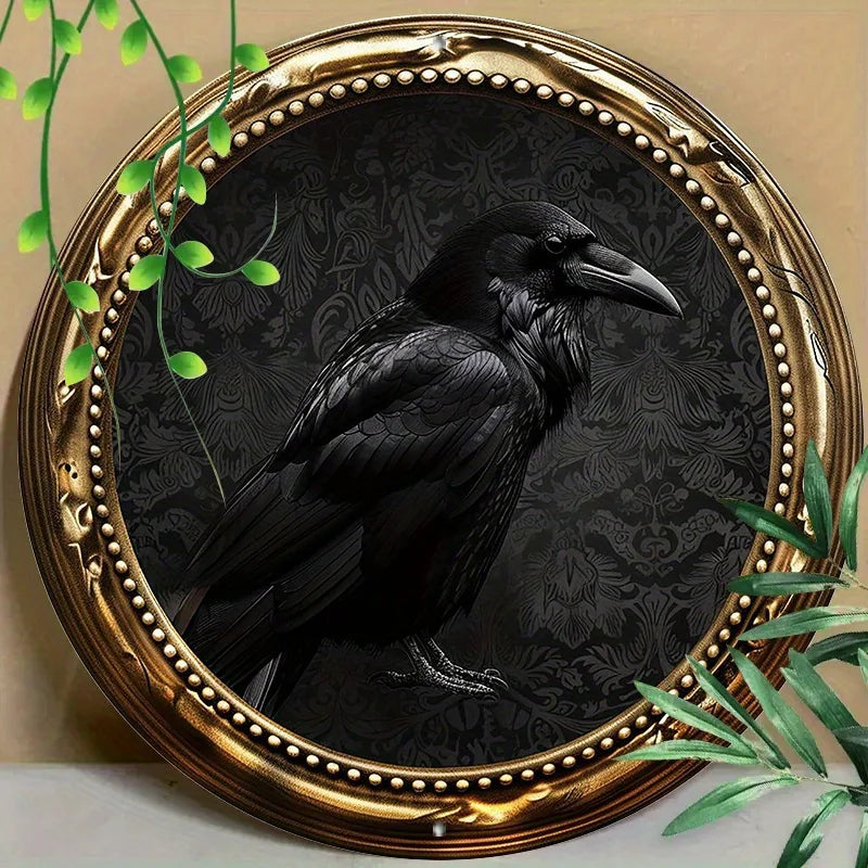 8x8 Inch Aluminum Metal Raven Art Print in Golden Frame, Gothic Wall Decor for Home, Coffee Shop, and Office