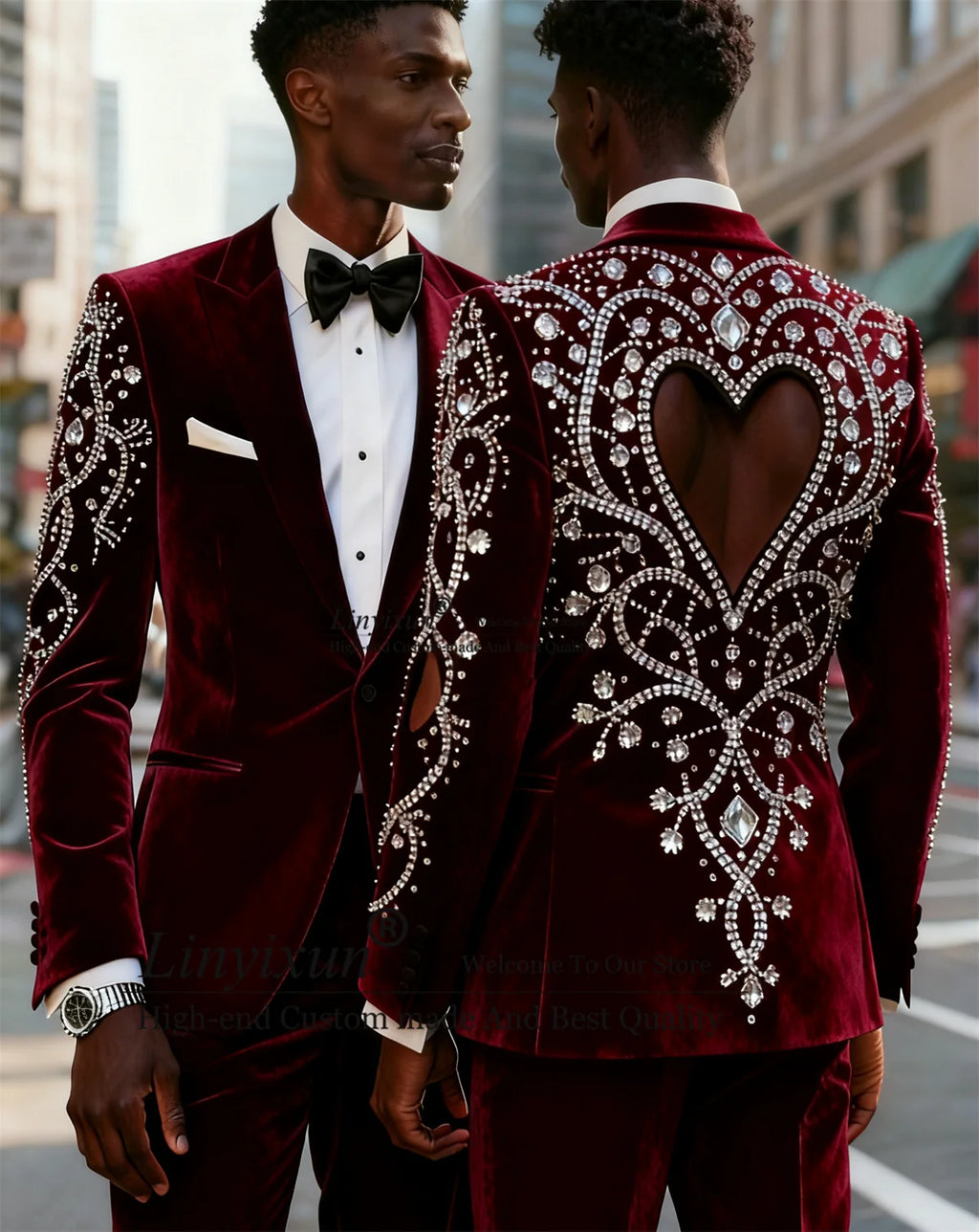 Fashion Velvet Men Suits Customized Sparkly Diamond Rhinstone Ropa Blazer 2 Pieces Sets Groom Wedding Tuxedos Slim Costume Homme
