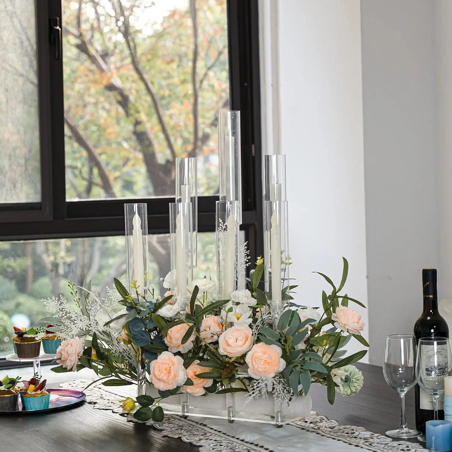 8Sets 7 Arm Clear Candle Stands Decorative for Wedding Candle Acrylic Candelabra for Party Ceremony Fit LED Candle (26.5" Tall)