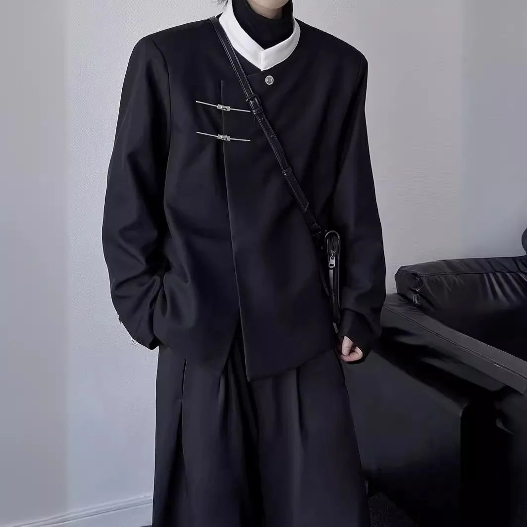 New Chinese Stand-up Collar Shoulder Pad Suit Jacket Autumn Men and Women Trendy Metal Buckle Casual