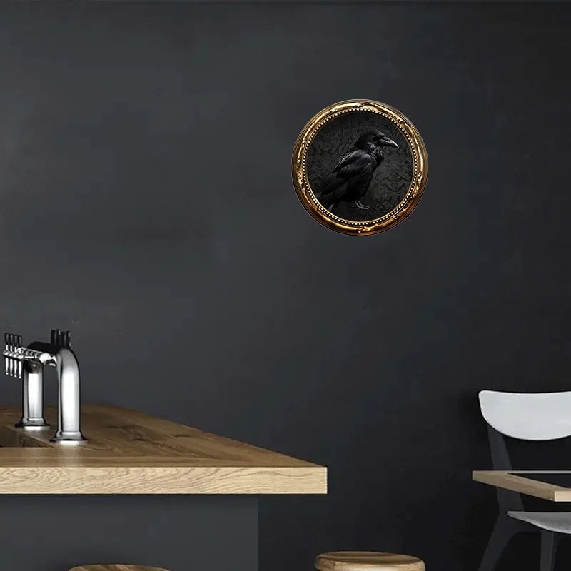 8x8 Inch Aluminum Metal Raven Art Print in Golden Frame, Gothic Wall Decor for Home, Coffee Shop, and Office