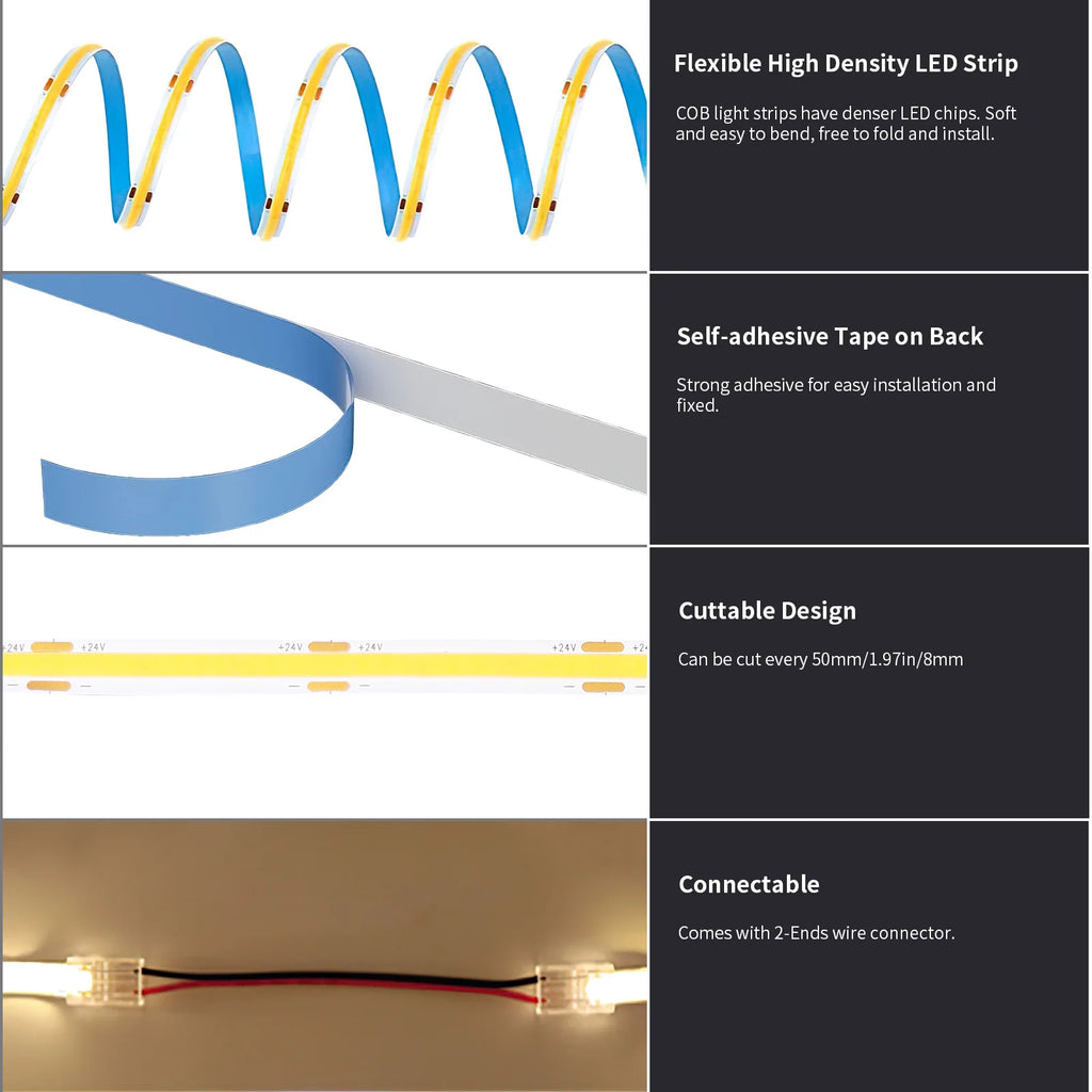 COB LED Strip Light 12m/roll Warm White 3000K 65000K High Lumen CRI 90+ with RF Remote for Bedroom Counter Under Cabinet Kitchen