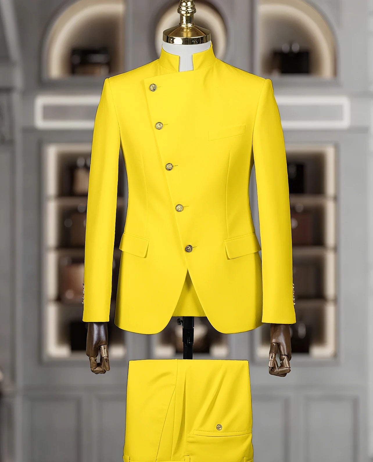 Fashion Stand Collar Men Suits 2 Piece Formal Single Breasted Smart Casual Outfits Solid Color Chic Wedding Party Slim Male Suit