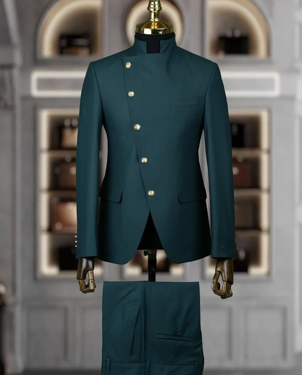 Fashion Stand Collar Men Suits 2 Piece Formal Single Breasted Smart Casual Outfits Solid Color Chic Wedding Party Slim Male Suit