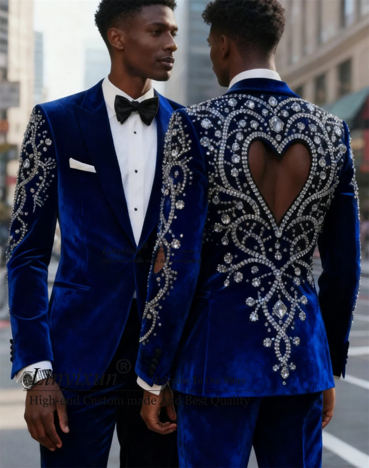 Fashion Velvet Men Suits Customized Sparkly Diamond Rhinstone Ropa Blazer 2 Pieces Sets Groom Wedding Tuxedos Slim Costume Homme