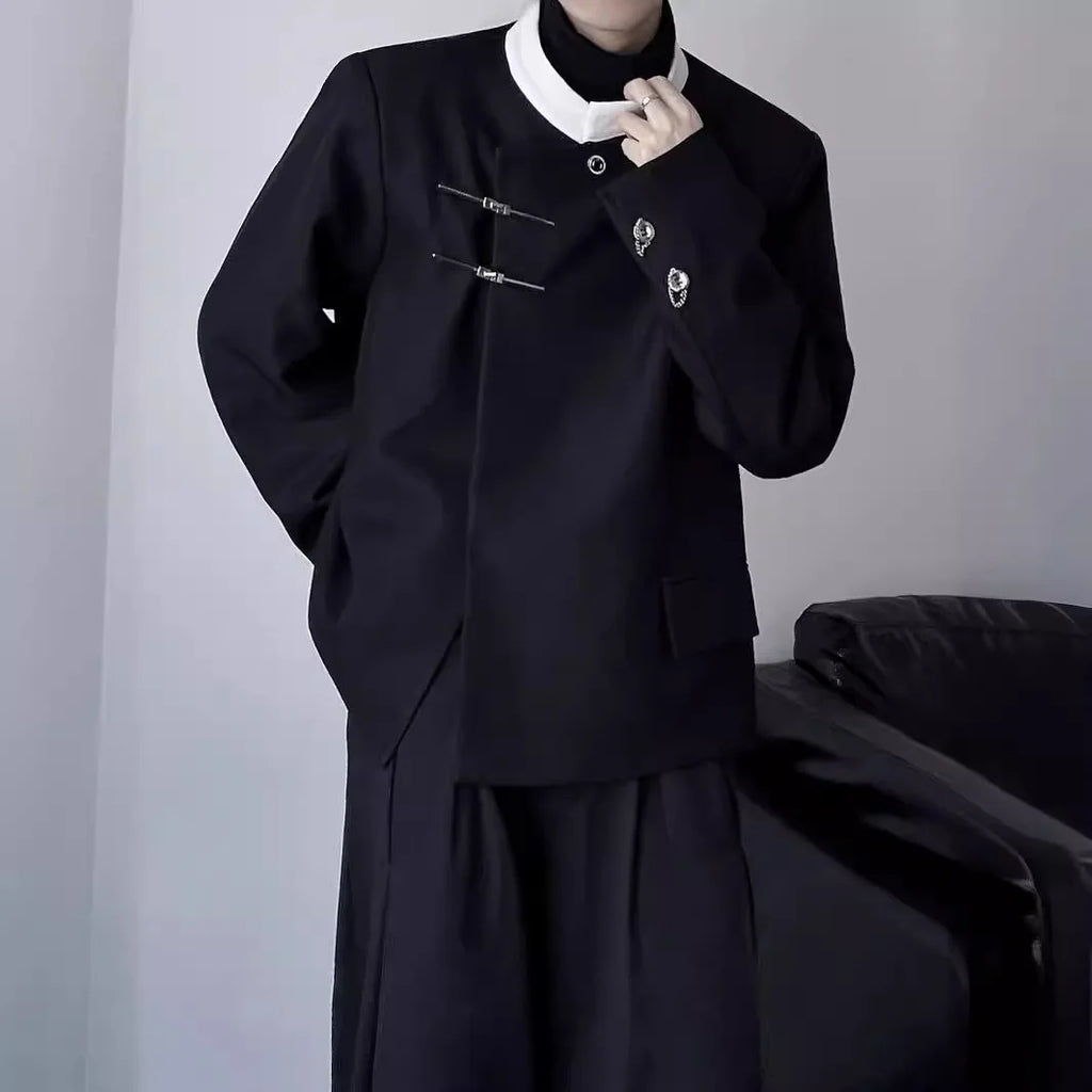 New Chinese Stand-up Collar Shoulder Pad Suit Jacket Autumn Men and Women Trendy Metal Buckle Casual