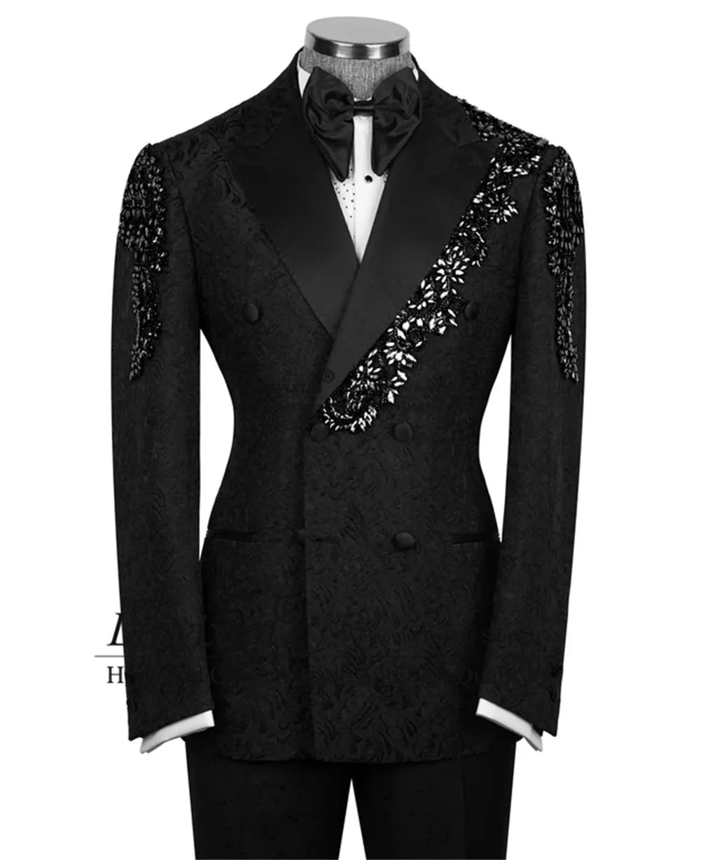 High End Stone Embroidered Tuxedos Men Suits Customized 2 Pieces Sets Wedding trajes para hombre Jacquard Slim Groom Prom Blazer