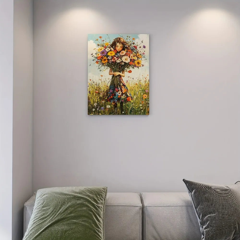 1 Wood frame canvas painting, girl holding flowers, suitable for bedroom, living room, home office, 1.5 "thick solid wood frame