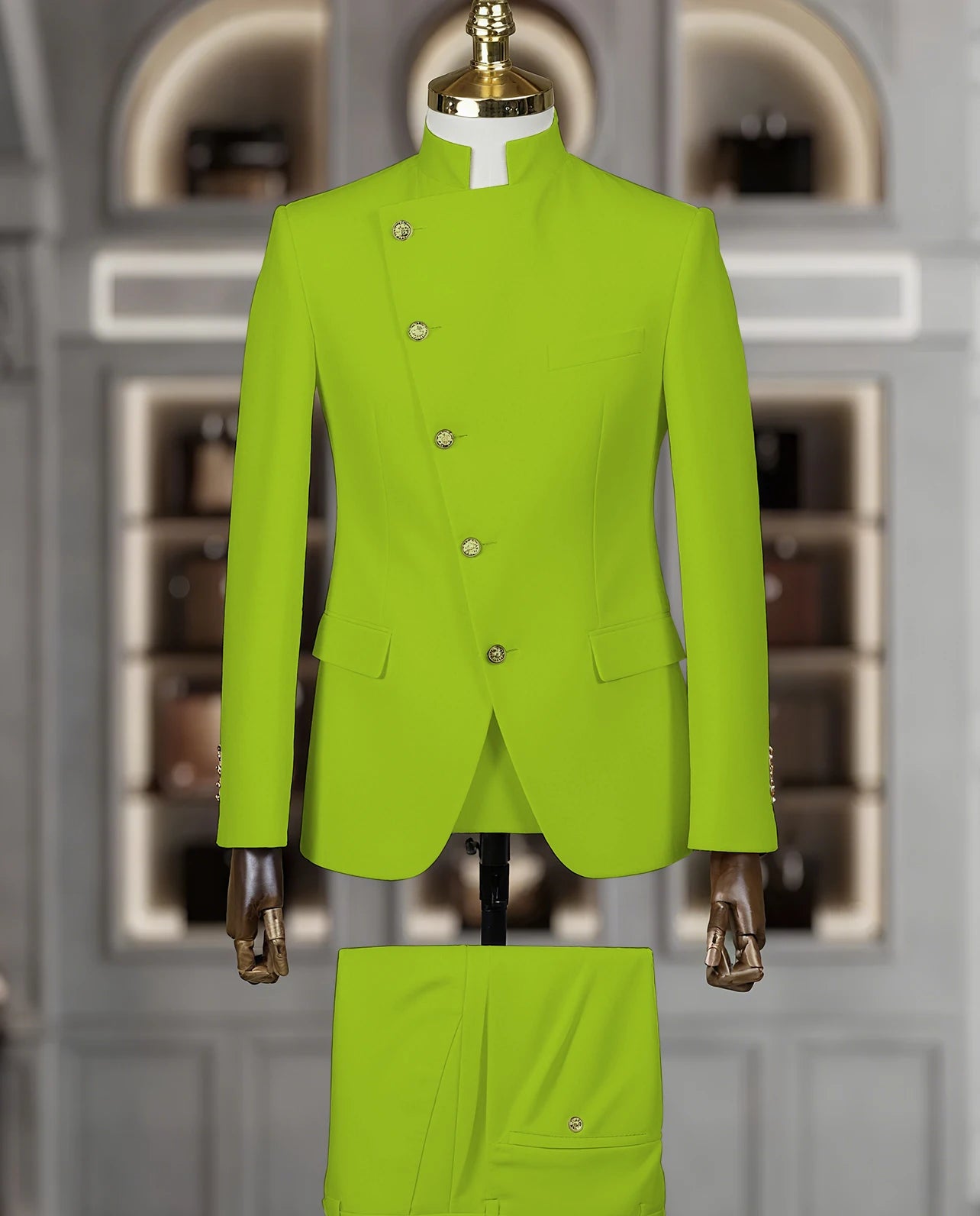 Fashion Stand Collar Men Suits 2 Piece Formal Single Breasted Smart Casual Outfits Solid Color Chic Wedding Party Slim Male Suit