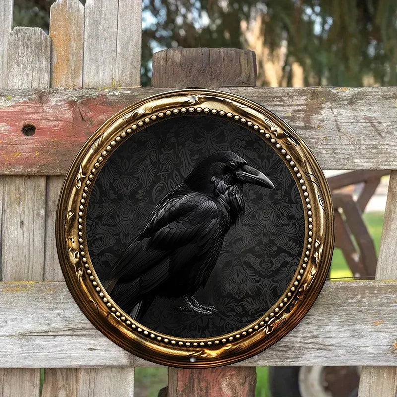 8x8 Inch Aluminum Metal Raven Art Print in Golden Frame, Gothic Wall Decor for Home, Coffee Shop, and Office
