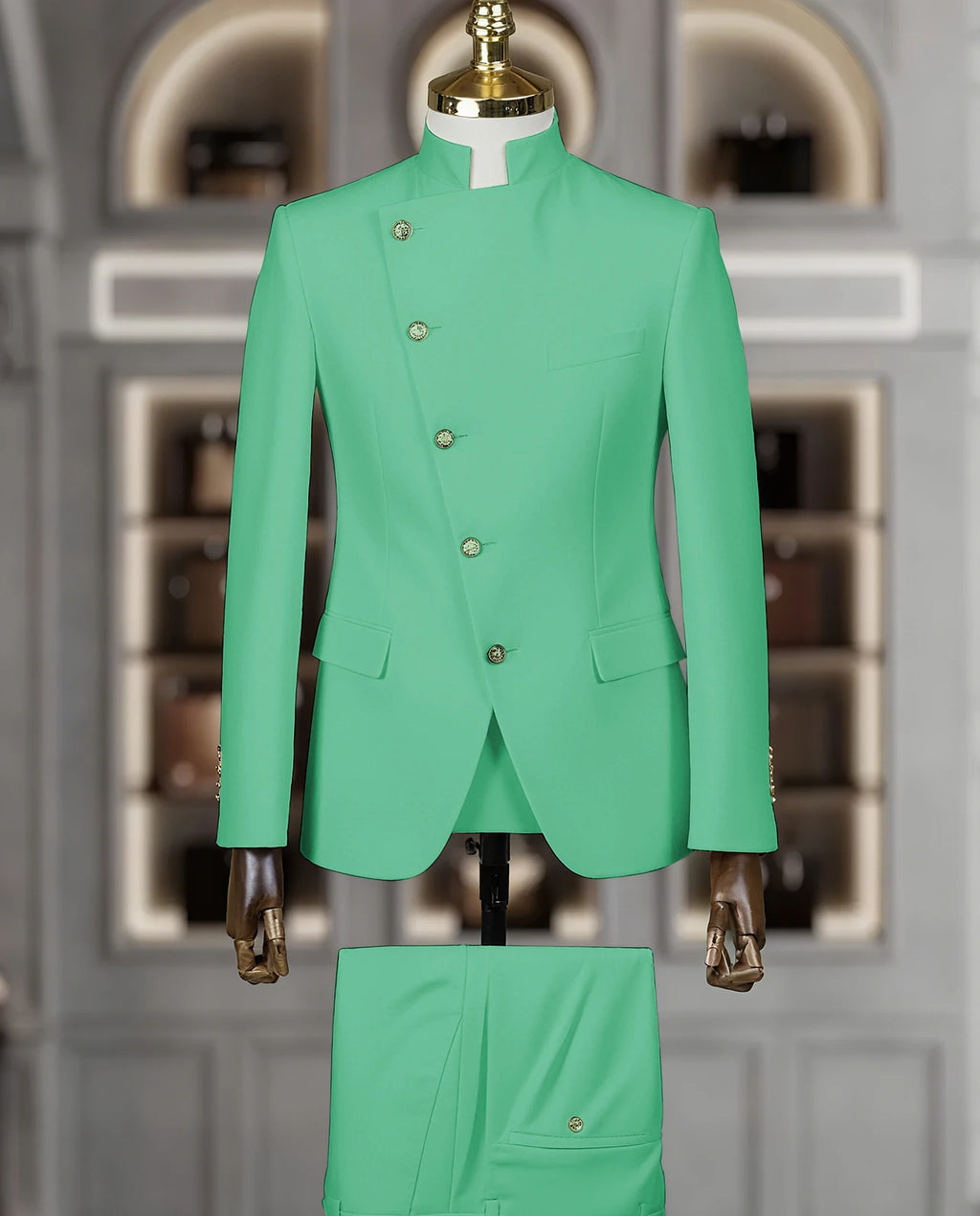 Fashion Stand Collar Men Suits 2 Piece Formal Single Breasted Smart Casual Outfits Solid Color Chic Wedding Party Slim Male Suit