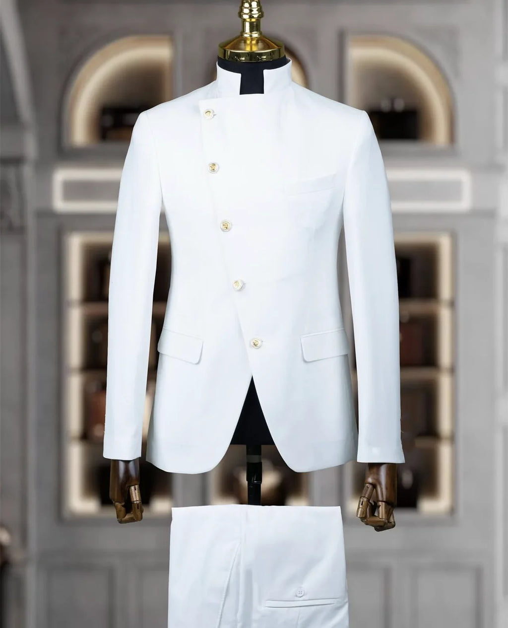 Fashion Stand Collar Men Suits 2 Piece Formal Single Breasted Smart Casual Outfits Solid Color Chic Wedding Party Slim Male Suit