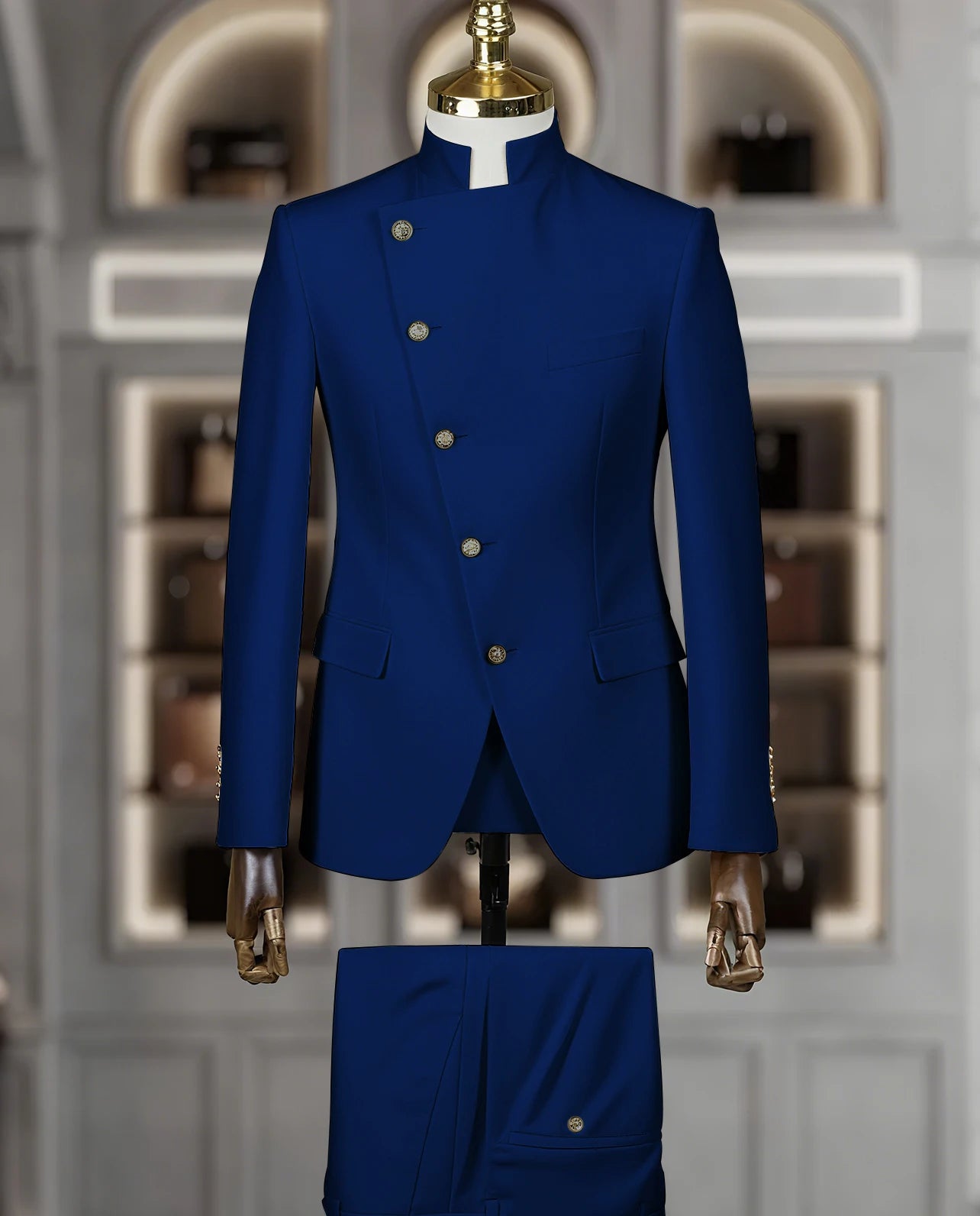 Fashion Stand Collar Men Suits 2 Piece Formal Single Breasted Smart Casual Outfits Solid Color Chic Wedding Party Slim Male Suit