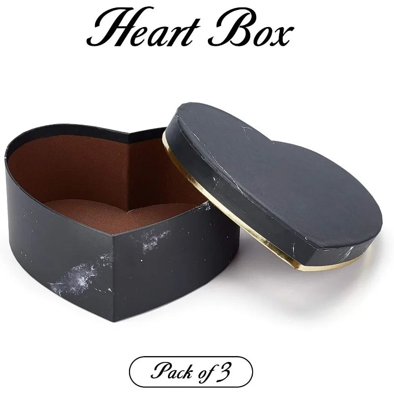3 Mixed Size Black Heart-Shape Marble Cardboard Boxes Treat Favor Gift Box for Thanksgiving Valentine's Day Wedding - Black