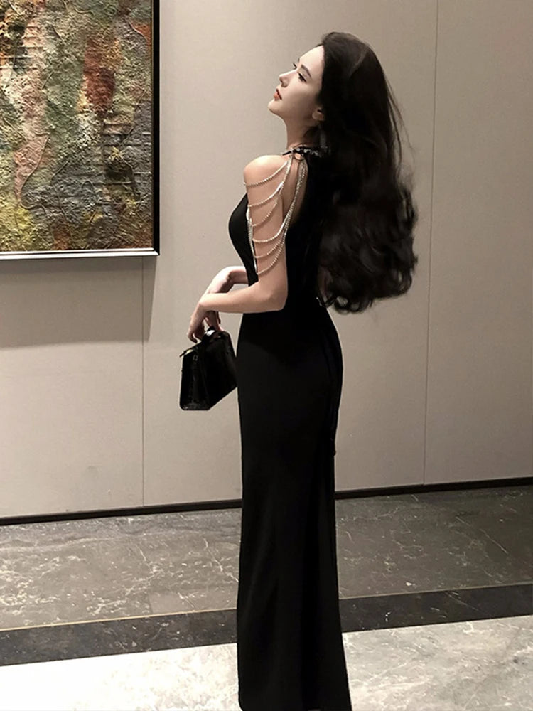 Women Clothes Black Elegant Luxury Hollow Sexy Sleeveless Slim Long Dress Fashion  Evening Party Club Prom Vestidos Robe Summer