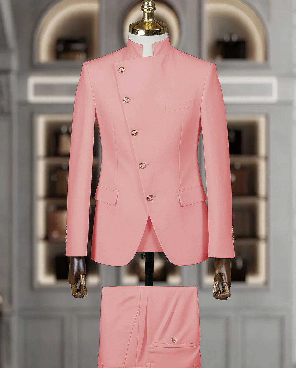 Fashion Stand Collar Men Suits 2 Piece Formal Single Breasted Smart Casual Outfits Solid Color Chic Wedding Party Slim Male Suit