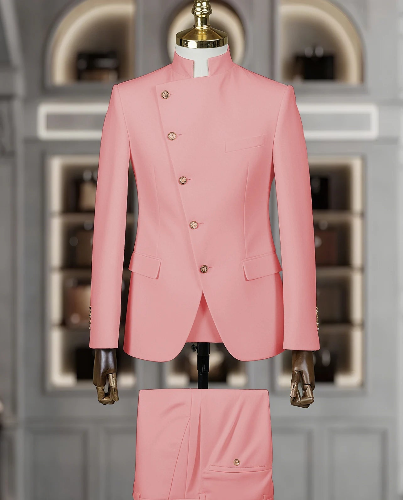 Fashion Stand Collar Men Suits 2 Piece Formal Single Breasted Smart Casual Outfits Solid Color Chic Wedding Party Slim Male Suit